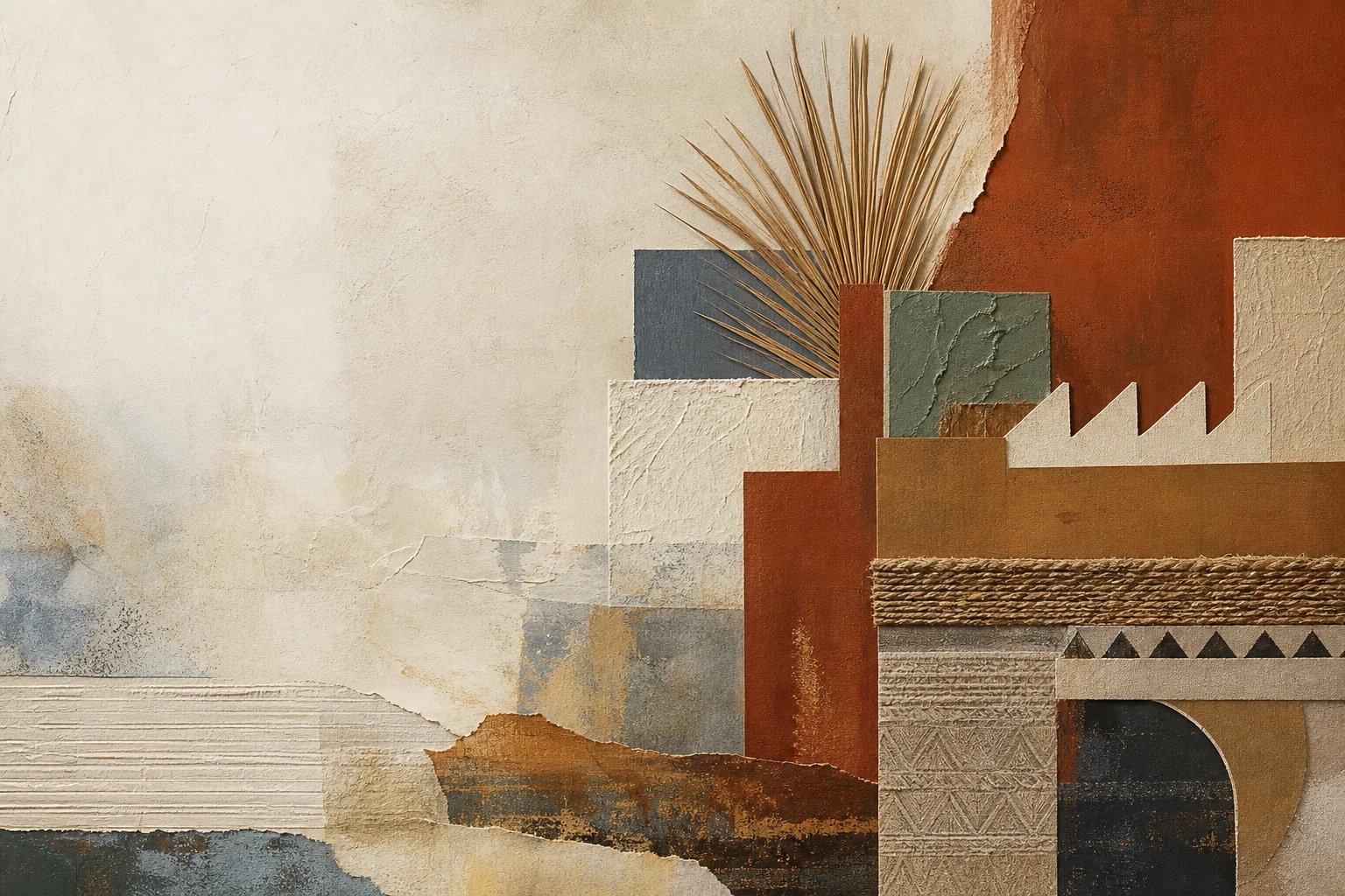 Contemporary mixed-media artwork inspired by Saudi architecture and material memory